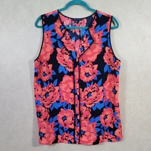 Tommy Hilfiger Coral Floral Sleeveless Blouse with Blue Leaves on Black